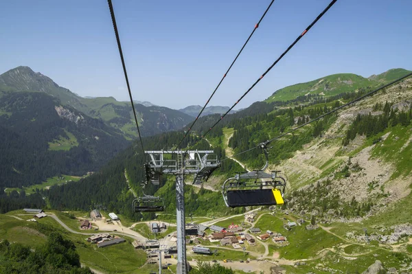 Beautiful Green Landscape White Clouds French Alps Mountains Cable Transportation — Stock Photo, Image