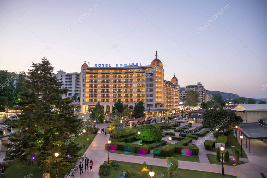 GOLDEN SANDS BEACH, VARNA, BULGARIA - MAY 21, 2016. Golden Sands Beach resort - aerial night view seen from famous Panorama Wheel. Hotel Admiral is at the background. 