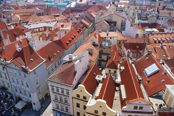 PRAGUE,CZECH REPUBLIC - JULY 18, 2014. Old Town Hall Tower offers a beautiful panoramic view of the Old Town of Prague.