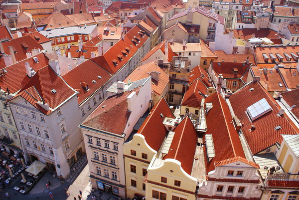 PRAGUE,CZECH REPUBLIC - JULY 18, 2014. Old Town Hall Tower offers a beautiful panoramic view of the Old Town of Prague.