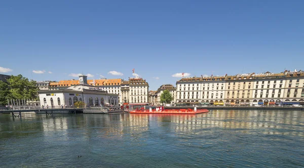 Vista Del Lago Geneva Con Transporte Barco Geneva Harbor Suiza — Foto de Stock