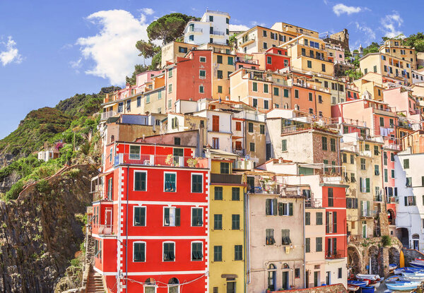 RIOMAGGIORE,CINQUE TERRE, LIGURIA, ITALY - JUNE 24, 2015. Buildings architecture in Cinque Terre - Five lands ,at Riomaggiore village, one of the most popular attraction in entire world.