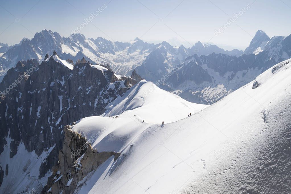 Calm morning view on the Aiguille du Midi - 3,842 m, mountain in the Mont Blanc massif, French Alps. 