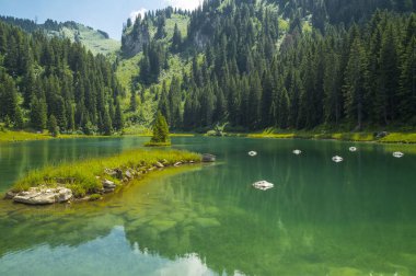 Alpdağları'ndaki La Mouille Gölü, Fransa. 