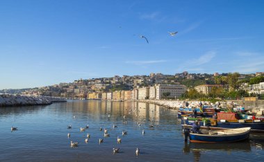 Napoli, İtalya - 8 Kasım 2015. Napoli sahilde taze balık eski geleneksel pazar. Akdeniz Ve binalar Mergellina turistik liman boyunca, Lungomare sahil üzerinde tatil. 