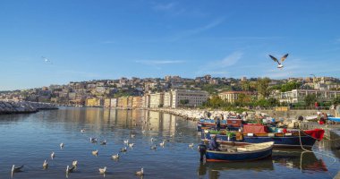 Napoli, İtalya - 8 Kasım 2015. Napoli sahilde taze balık eski geleneksel pazar. Akdeniz Ve binalar Mergellina turistik liman boyunca, Lungomare sahil üzerinde tatil. 