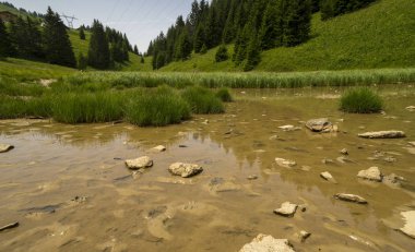 Pertuis Gölü - 1620 'de kuruyan buzul gölü, kayak alanının yamaçlarında, Portes du Soleil Bölgesi, Fransız Alp Dağları