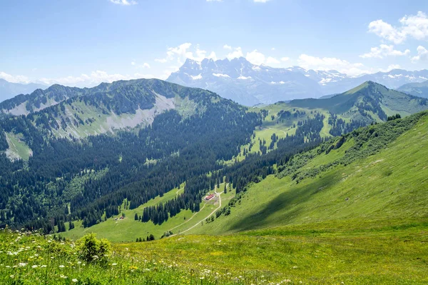 Sommerlandschaft Den Alpen Berge Portes Soleil Frankreich Und Schweiz Zusammen — Stockfoto