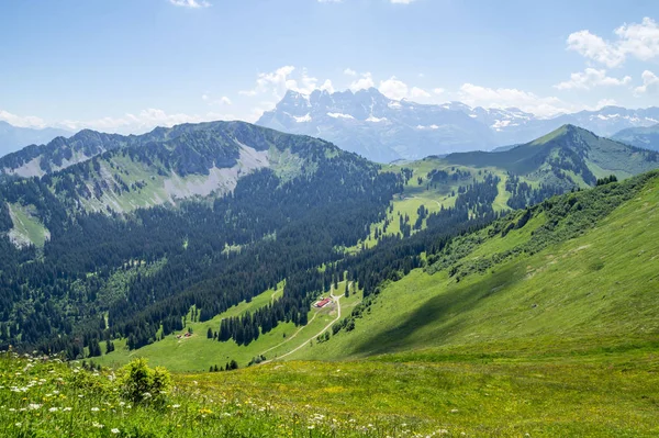 Sommerlandschaft Den Alpen Berge Portes Soleil Frankreich Und Schweiz Zusammen — Stockfoto