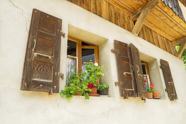 Ventanas Francesas Rústicas Con Persianas Viejas Macetas — Foto de Stock