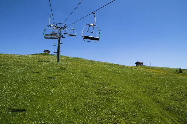 Beautiful Green Landscape White Clouds French Alps Mountains Cable Transportation — Stock Photo, Image