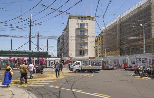 Ginebra Suiza Julio 2015 Ginebra Centro Vista Calle Tráfico Transporte — Foto de Stock