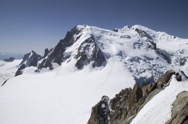 Aiguille du Midi sakin sabah görünümü - 3.842 m, Mont Blanc masif dağ, Fransız Alpleri.