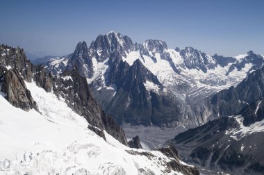 Aiguille du Midi sakin sabah görünümü - 3.842 m, Mont Blanc masif dağ, Fransız Alpleri.