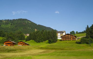 Chatel köyünde yeşil manzara ,Portes du Soleil turistik bölge, Fransız Alpleri