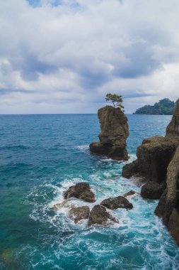 Portofino, İtalya'da Akdeniz kıyısında fırtınalı hava ile Doğa manzara