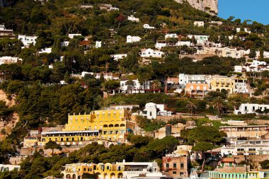Renkli köy Corniglia, Cinque Terre bölgesi, La Spezia, İtalya görünümü. Üzüm bağları ve Akdeniz. 