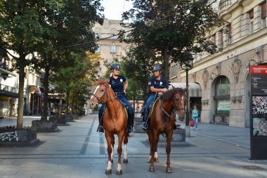 Belgrad, Sırbistan-13 Temmuz 2017. Knez Mihailova Caddesi 'ndeki atlarda polis veya Belgrad kentinin en eski caddelerinden ve ünlü turistik mekanlarından biri olan Prens Michael Street.