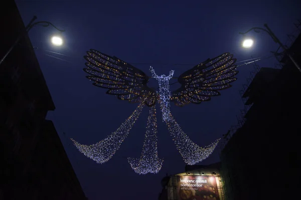 Nuit Bucarest Décembre Avec Décorations Noël Dans Centre Ville Boulevard — Photo