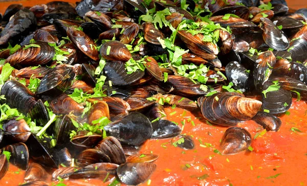 Miesmuscheln Mit Knoblauch Wein Tomatensauce Und Petersilie Kochen — Stockfoto