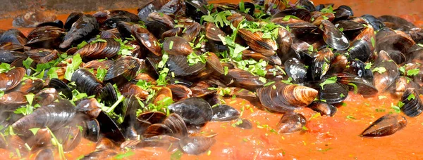 Matlagning Musslor Med Vitlök Vin Tomatsås Och Persilja — Stockfoto