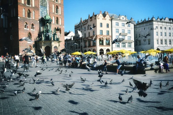Krakow Polônia Setembro 2016 Pessoas Pombos Atração Turistas Rynek Glowny — Fotografia de Stock