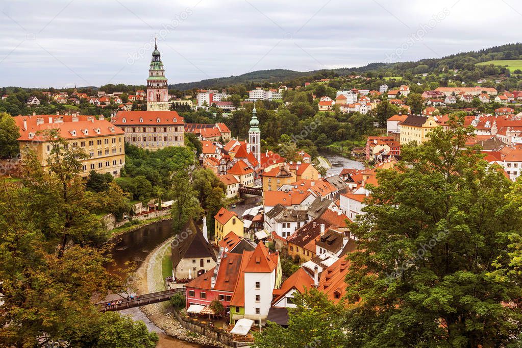Medieval town Cesky Krumlov , Czech Republic. Aerial view. 