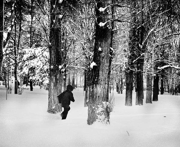 Criança Correndo Parque Temporada Inverno — Fotografia de Stock