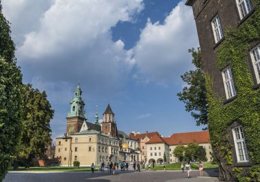 Güzel gezi Wawel Royal Castle ve renkli çiçeklerle, Krakow, Polonya 
