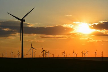 Günbatımı ile rüzgar türbinleri Dobrogea, Romanya 