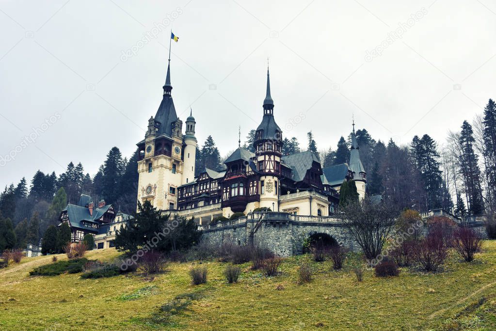 Peles Castle, located in the Carpathian Mountains, Sinaia, Romania 