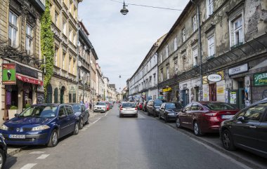 Krakow, Polonya - 9 Eylül 2016. Kazimierz, Yahudi Mahallesi, Polonya 'nın tarihi Krakow Bölgesi.