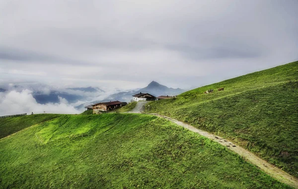 Paisaje Brumoso Las Montañas Los Alpes Tirol Austria Fondo Está — Foto de Stock