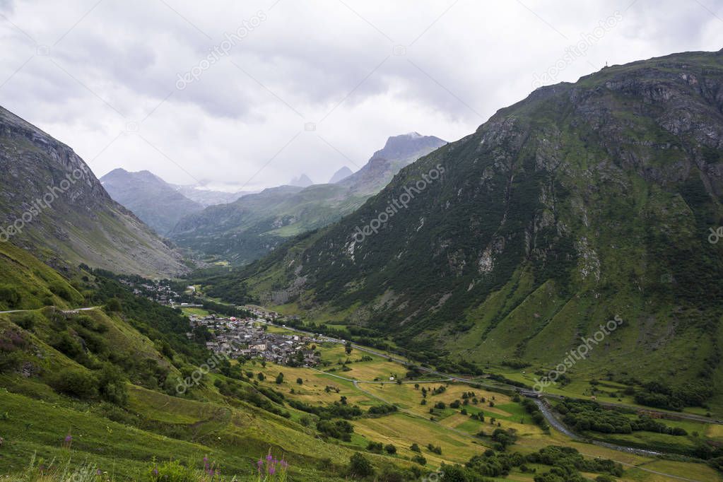 General view of Val d`Isere commune of the Tarentaise Valley, in the Savoie department Auvergne-Rhne-Alpes region in southeastern France.