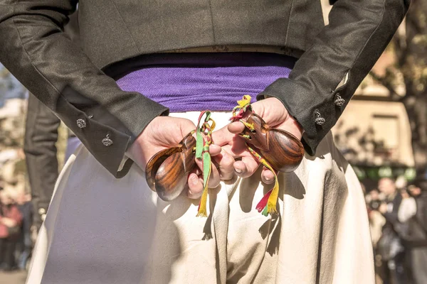 Dançarino Espanhol Com Instrumentos Castanholas Castanetes Suas Mãos — Fotografia de Stock