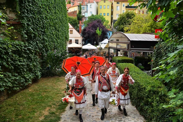 Zagrzeb Chorwacja Lipca 2017 Grupa Ludzi Tradycyjnych Strojach Starym Mieście — Zdjęcie stockowe