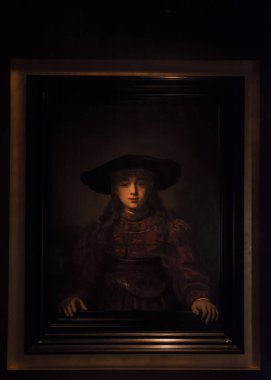 Varşova, Polonya - 29 Haziran 2018. Eski Şehir Meydanı, Varşova, Polonya yer alan Royal Castle iç. Bir resim çerçevesi Rembrandt tarafından kız. 