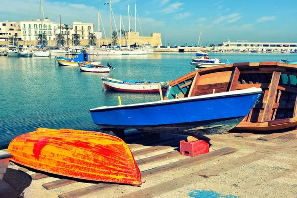 Barcos Pesca Antigo Porto Bari Costa Marítima Adriático Região Puglia — Fotografia de Stock