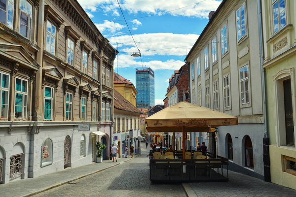 ZAGREB, CROATIA - JULY 15, 2017. Radiceva Street view in Old town of Zagreb with Zagreb 360 cafe and observation deck, Croatia