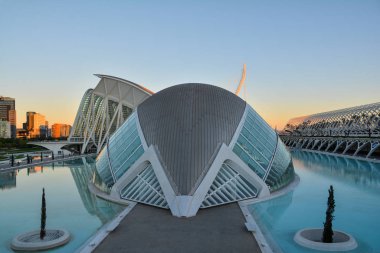 Valencia ,İspanya - 7 Kasım 2016. Valencia, İspanya'da Sanat ve Bilimmüzesi'nin gün batımında güzel manzara.