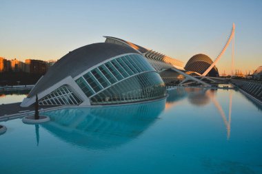 Valencia ,İspanya - 7 Kasım 2016. Valencia, İspanya'da Sanat ve Bilimmüzesi'nin gün batımında güzel manzara.