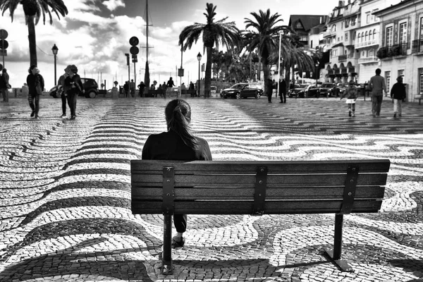 Gatufotografering Svartvitt Stora Torget Cascais Stad Portugal — Stockfoto