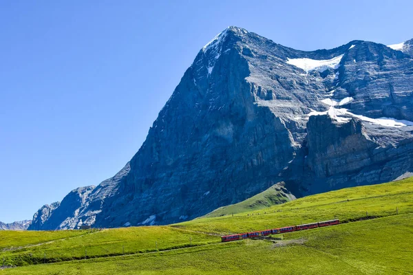 Beau Paysage Avec Train Crémaillère Rouge Célèbre Chemin Fer Jungfrau — Photo