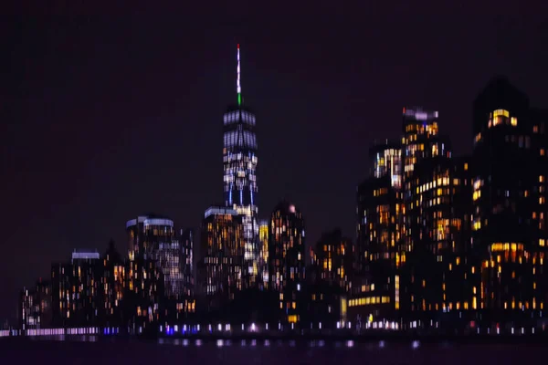 New York City Skyline Nachts Uitzicht Vanaf Hudson Rivier Bewegingsvervaging — Stockfoto