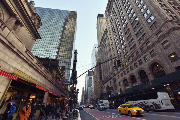 New York, USA - December 5, 2019. Street view in the neighborhood of the Grand Central Terminal commuter rail terminal in Midtown Manhattan, New York City.