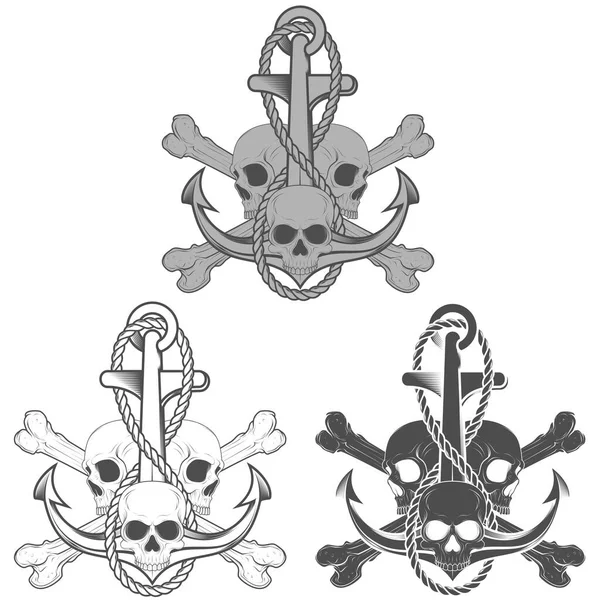 Grayscale Skull Anchor Rope Design — Stockvector