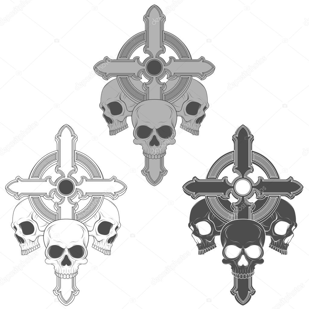 Vector illustration of three skulls with a Christian cross, in scale of crises