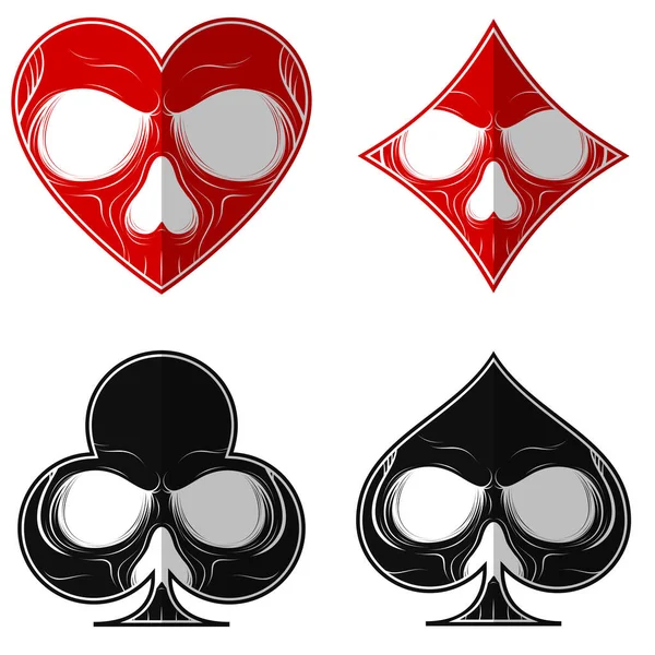 Vektör tasarımı, dört poker sembollü kafatası, kalp elmas yoncası, hepsi beyaz arka planda..