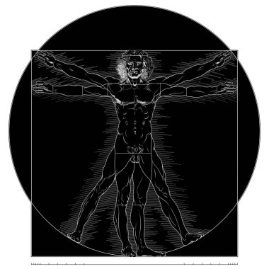 Vitruvian Man 'in vektör tasarımı, Leonardo' nun orijinal çalışmasının negatifi, hepsi beyaz arkaplan üzerine.