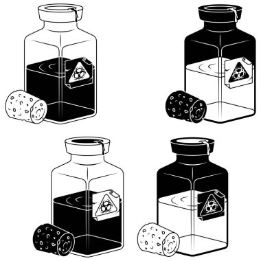 Sıvı maddeli cam şişe, etiketli ve mantarlı biyolojik tehlike maddesi olan kap.